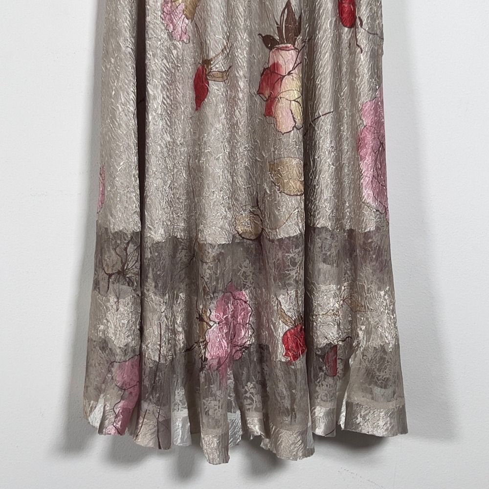 Komarov Satin Crinkle Mesh Lace V-Neck Dress Women Sz L Cream Floral Cap Sleeve - Picture 4 of 9